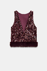 Gala Goddess Sequin Faux Fur Trim Crew Neck Sleeveless Loose Top