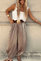 Chic Moment Glittery Fabric High Rise Elastic Wst Pocket Bubble Hem Pants