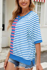 Striped Color Block Print Crew Neck Short Sleeve Loose Top