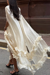 Fashionable V-neck Lace-up Ruffled Double-layer Hem Maxi Dress