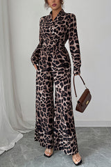 Fashionable Leopard Print Long-sleeved High-waisted Casual Wide-leg Jumpsuit
