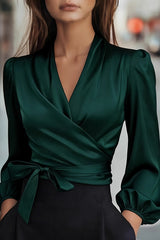 Satin V-neck Long-sleeved Casual Tie-wst Shirt