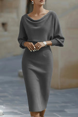 Solid Color Batwing Sleeve Fitted Wst Elegant Midi Dress