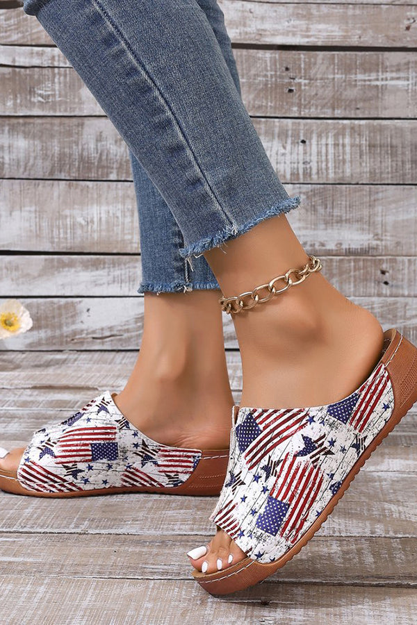 Independence Day Stars and Stripes Wedge Heel Peep Toe Slides