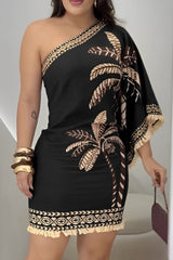 Unique Printed One Sleeve Fringe Fitted Mini Dress