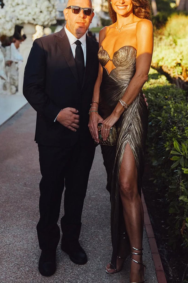 Amisha Metallic Pleated Shell Cups Hollow Gold Pendant Strapless Drape Slit Maxi Dress