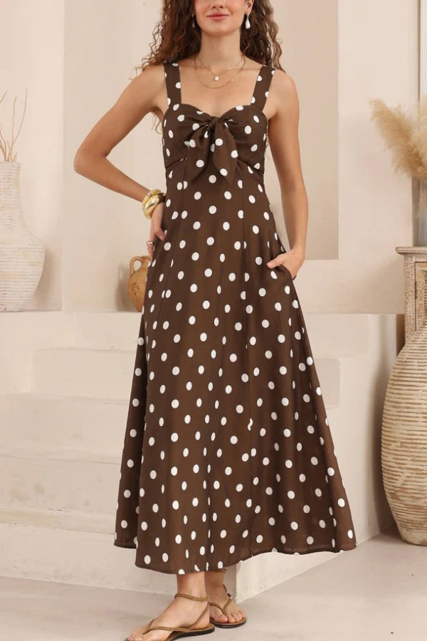 Polka Dot Print Back Pleated Casual Pocket Holiday Maxi Dress
