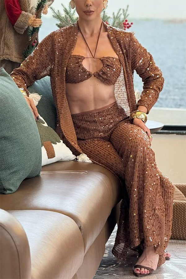 Seaside Whisper Sequin Tie-up Elastic Crop Tank and High Rise Zipper Loose Pants Set