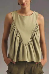 Solid Color Round Neck Sleeveless Pleated Loose Vest