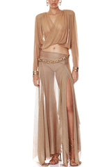 Dazzle Vacation Metallic Knit Long-sleeve Draped Crop Top and Mid Rise Irregular Slit Hem Maxi Skirt Set