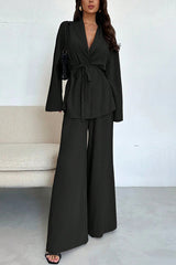 Solid Color Collared Long-sleeved Tie-wst Loose Top and Elastic Wst Casual Wide-leg Pants Set