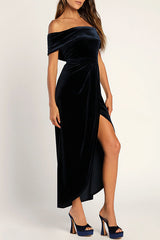 Enchanted Black Velvet Off The Shoulder Midi Dress