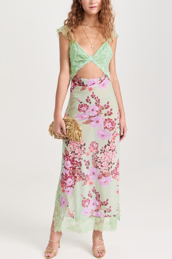 Floral Print Lace Patchwork Hollow-out Slim-fit Midi Dress