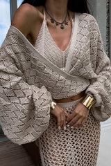 Fashion Front Cross Loose Lantern Sleeve Knitted Top