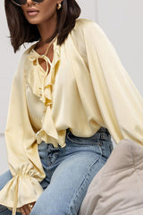 Satin Solid Color V-neck Tie Ruffle Casual Shirt