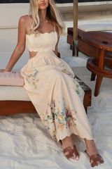 Cabo Sunsets Floral Print Petal Trim Back Lace-up Midi Dress