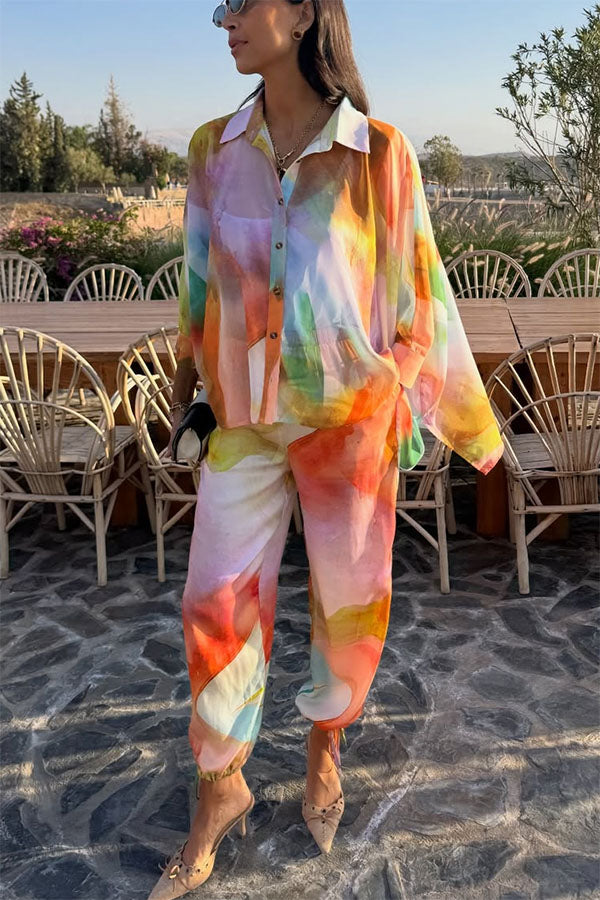 Vacation View Colorful Abstract Print Button Long Batwing Sleeve Oversized Blouse