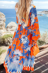 Unique Print V-Neck Long Sleeve Full Hem Holiday Maxi Dress