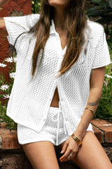 Fashionable Hollow Short-sleeved Casual Top and Elastic Waist Drawstring Shorts Set