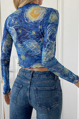 Starry Sky Print Stand Collar Mesh Long Sleeve Slim Fit Top
