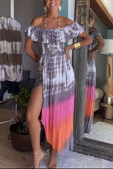 Pacey Tie Dye Print Off Shoulder Ruffle Slit Maxi Dress