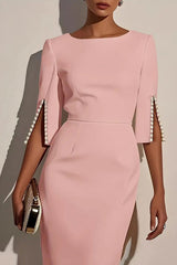 Solid Color Elegant Round Neck Half Sleeve Beaded Decorated Slim Fit Midi Dress