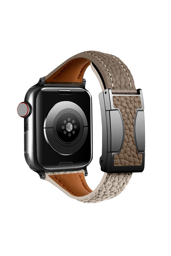 Fashionable Genuine Leather Lychee Pattern Double C Magnetic Buckle Watch Strap