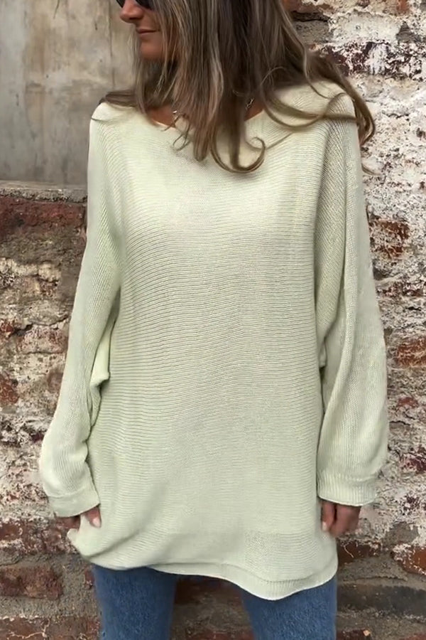 Solid Color Round Neck Hollow Long Sleeve Loose Knitted Sweater