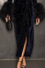 Fashionable Velvet V-neck Feather Long-sleeved Slim-fit Elegant Midi Dress