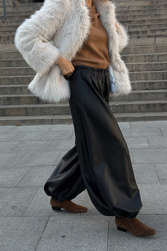 Comfortable and Modern Faux Leather Elastic Wst Pocket Bubble Hem Pants