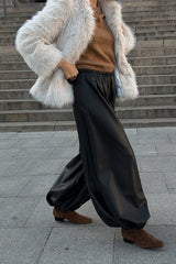 Comfortable and Modern Faux Leather Elastic Wst Pocket Bubble Hem Pants