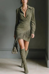 Solid Color Suede Slim-fit Long-sleeved Tassel Mini Dress
