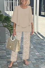 Fashion Round Neck Half Sleeve Loose Top and Elastic Waist Casual Straight Pants Set