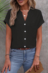 Solid Color Jacquard V-Neck Button Casual Shirt