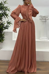 Ellah Shiny Fabric Chinese Stand Collar Twist Waist Balloon Sleeve Maxi Dress