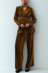 Solid Color Velvet Long-sleeved Waist Tie Top and Elastic Waist Casual Pocket Straight-leg Pants Set
