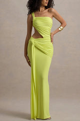 Sexy One-shoulder Backless Ribbon Pleated Slim Maxi Dress