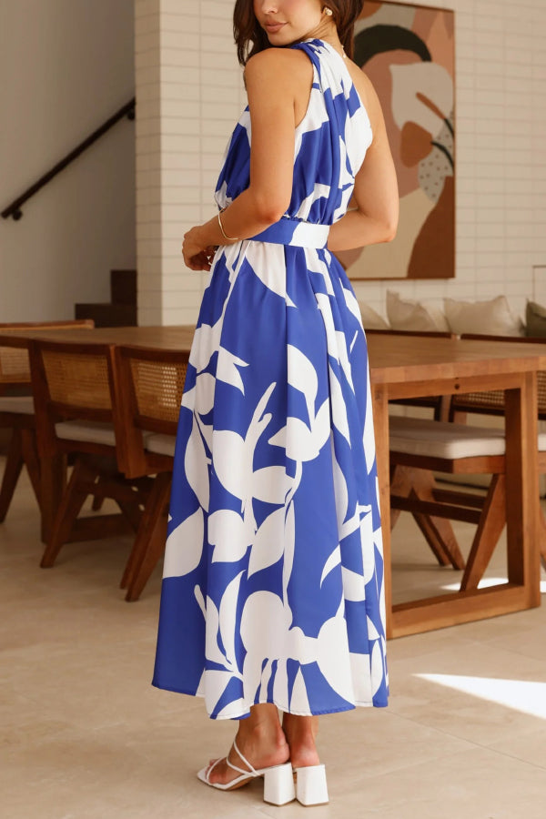 Unique Printed One-Shoulder Belt Casual Holiday Maxi Dress