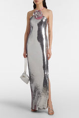 Moonlit Blooms Sequin Floral-appliqué Halter Neck Slit Gown Maxi Dress