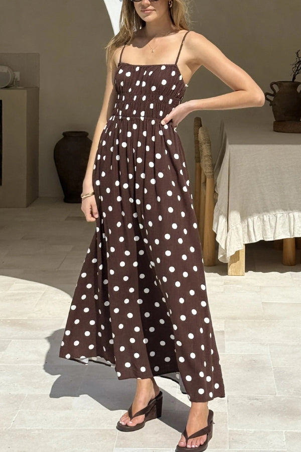 Polka Dot Print Square Neckline Fitted Waist Pleated Maxi Dress
