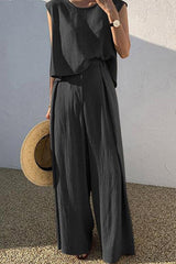 Linen Blend Casual Round Neck Sleeveless Top and Loose Wide-leg Pants Set