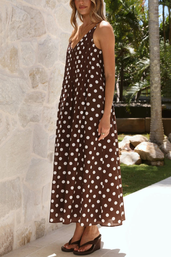 Polka Dot Print V-neck Pleated Casual Vacation Maxi Dress