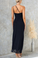 Fashion One-shoulder Pleated Sexy High Slit Slim Dress