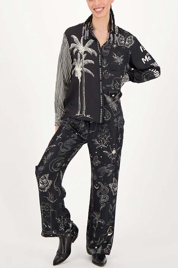 Black Magic Satin Unique Print Long Sleeve Blouse and Elastic Waist Pocket Wide Leg Pants Set