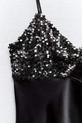 Party on My Mind Sequin Satin Patchwork Slip Stretch Midi Dress