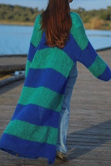 Fashionable Contrast Stripes Lazy Style Loose Long Knitted Cardigan