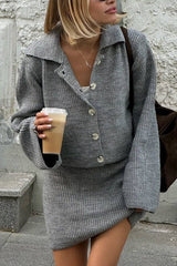 Fashion Lapel Bell Sleeve Knitted Cardigan and Casual Mini Skirt Set