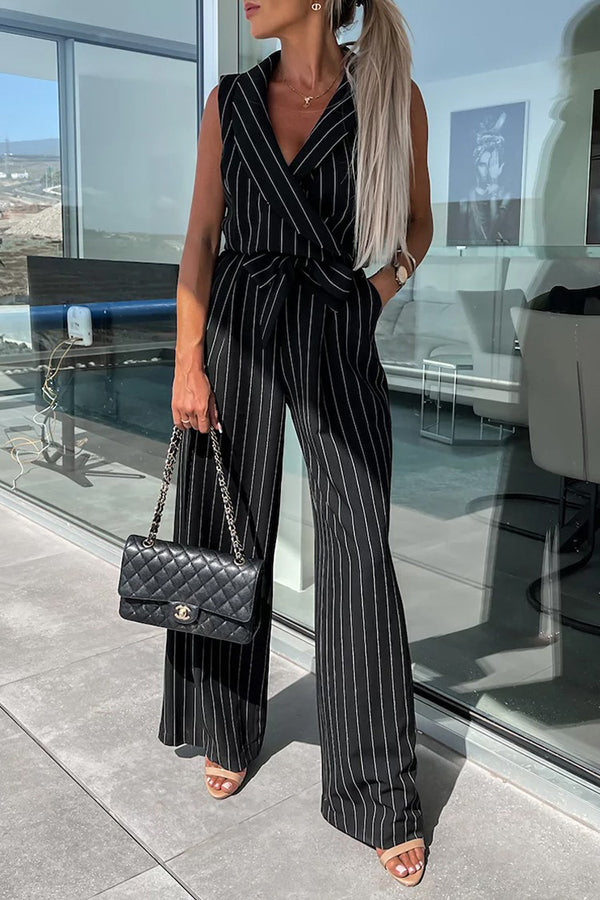 Gracie Wrap Lapel V-neck Tie Waist Pocketed Jumpsuit