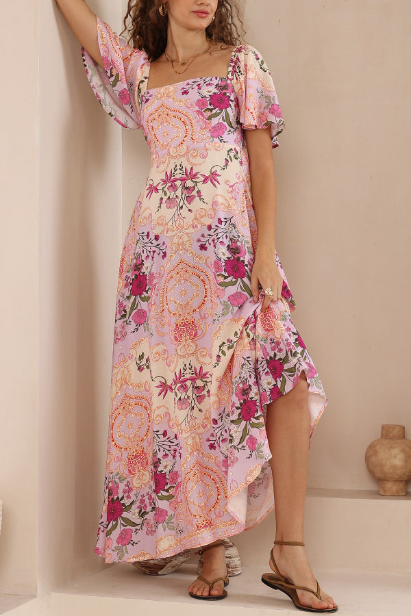 Plant Print Short-sleeved Square Neck Casual Pocket Holiday Midi Dress