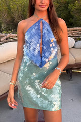 Fashion Sexy Sequined Backless Halter Neck Slim Fit Mini Dress